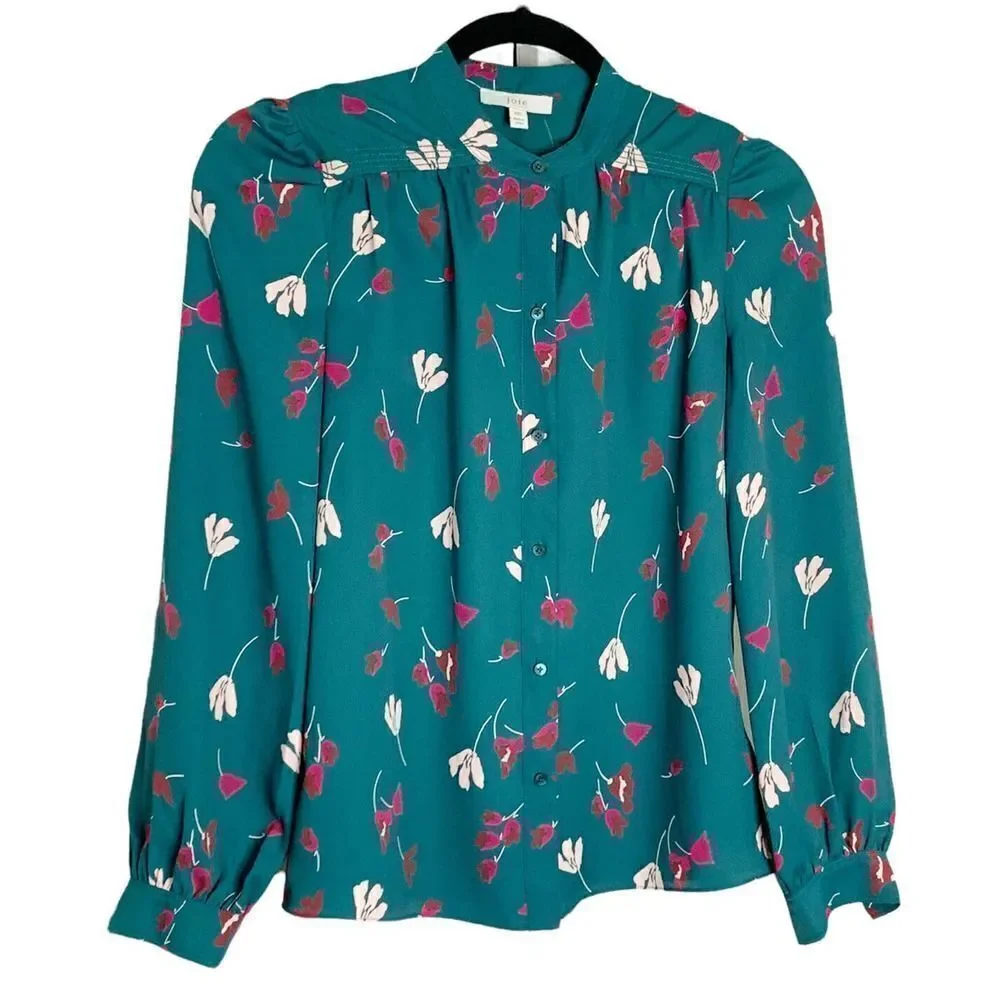 JOIE Women’s Myella Floral Print Blouse Size XXS Teal Long Sleeve Button Top - Picture 8 of 12